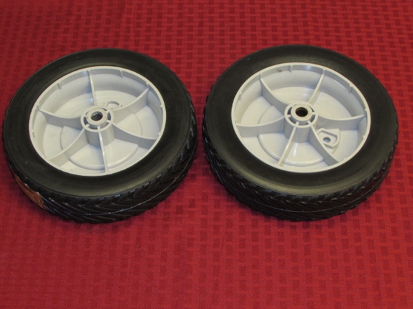 A PAIR OF 8 PLASTIC WHEELS FOR YOUR LAWN MOWER OR ? ? ?