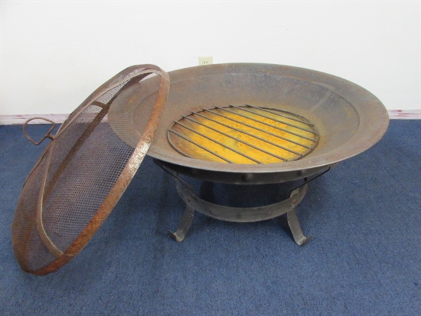 VERY NICE CAST IRON FIRE PIT WITH STAND & SCREEN COVER