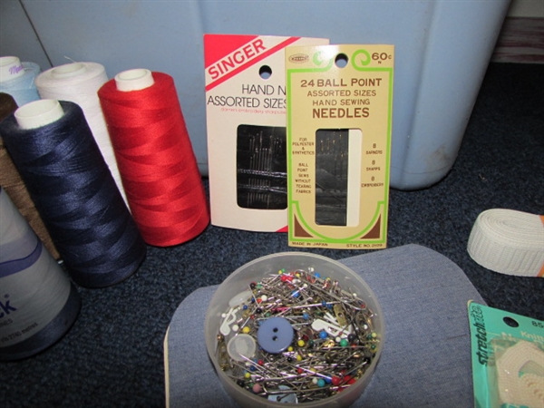 FOR THE SEAMSTRESS - IRONING BOARD, IRON, FABRIC, ELASTIC, & LARGE THREAD CONES