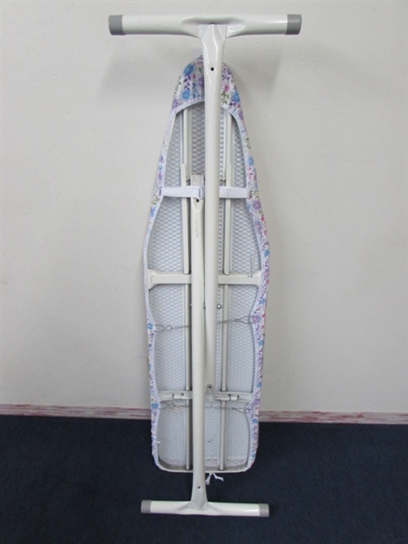 FOR THE SEAMSTRESS - IRONING BOARD, IRON, FABRIC, ELASTIC, & LARGE THREAD CONES
