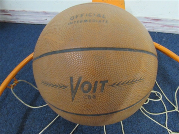 METAL BASKETBALL HOOP WITH NET & VINTAGE VOIT OFFICIAL BASKETBALL