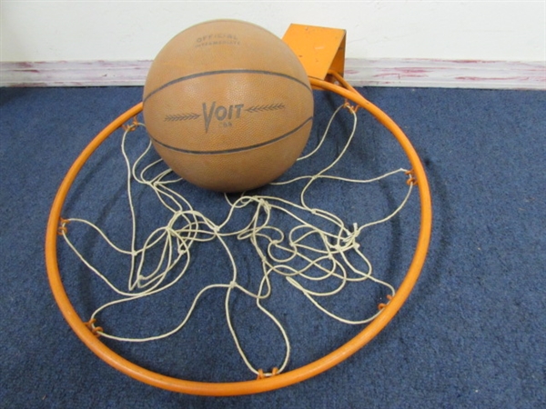 METAL BASKETBALL HOOP WITH NET & VINTAGE VOIT OFFICIAL BASKETBALL