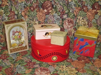 VINTAGE TINS-LARGE ROUND & RED, TWO WITH HINGED LIDS, TWEED & A BIRTHDAY BOX