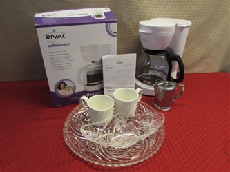 COFFEE & DONUTS-RIVAL 12 CUP COFFEE MAKER, VINTAGE SS CREAMER, GLASS PLATTER & DISH & MUGS