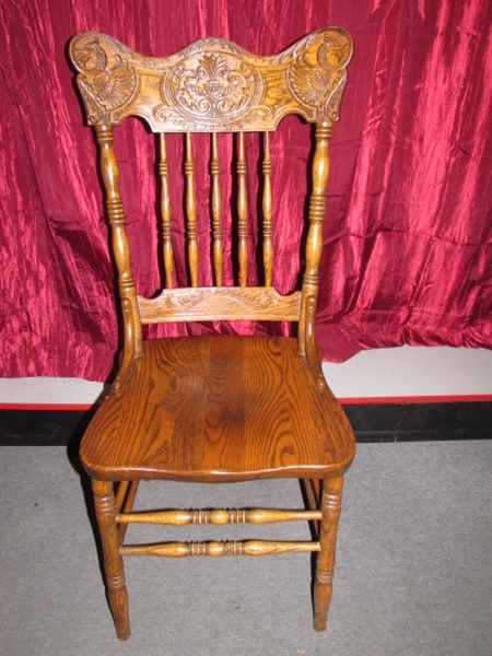 GORGEOUS SOLID OAK SIDE CHAIR, TURNED & ORNATELY CARVED