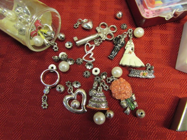 BEADS, CHARMS, PINS & NEEDLES, VINTAGE TRACING WHEELS & SINGER ATTACHMENTS & MORE