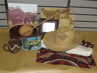 ON SAFARI-SIGNED ELEPHANT BROOCH, PRIMITIVE DRINKING GOURD & WOOD BOWL, LONG DRESS, WOVEN HOT PADS & . . . .