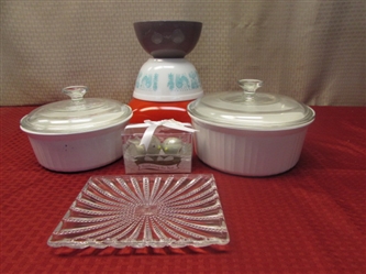 PYREX & CORNING WARE FROM YESTERDAY & TODAY & ALWAYS USEFUL, HOBNAIL RELISH DISH, LITTLE BIRDS SALT & PEPPER SHAKERS