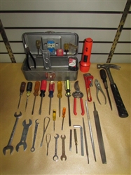 METAL TOOL BOX WITH A NICE AROUND THE HOUSE ASSORTMENT OF TOOLS