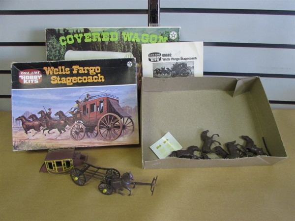 WAY OUT WEST WELLS FARGO STAGECOACH & A PRECUT WOODEN COVERED WAGON MODELS