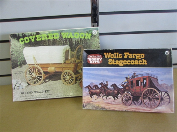 WAY OUT WEST WELLS FARGO STAGECOACH & A PRECUT WOODEN COVERED WAGON MODELS