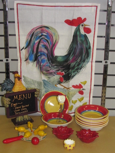 COLORFUL COUNTRY CHICKENS-ROOSTER HOLDING CHALKBOARD, BOWLS, LINEN TOWEL, WHISK, WOODEN TOY & MORE
