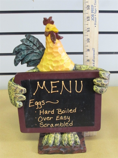 COLORFUL COUNTRY CHICKENS-ROOSTER HOLDING CHALKBOARD, BOWLS, LINEN TOWEL, WHISK, WOODEN TOY & MORE