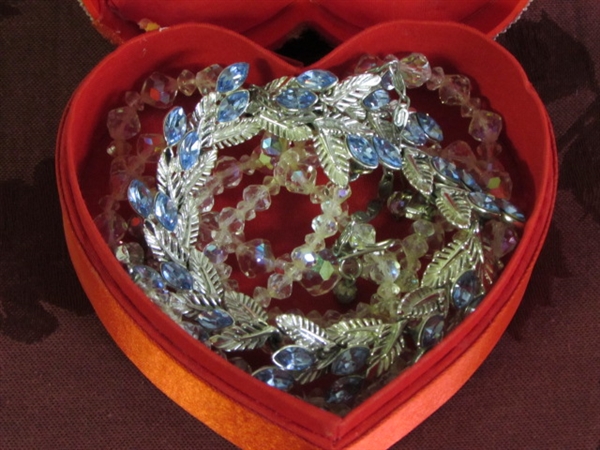 VALENTINE'S DAY VINTAGE SWAROVSKI CRYSTAL & BLUE RHINESTONE NECKLACES IN GLASS BEADED HEART BOX