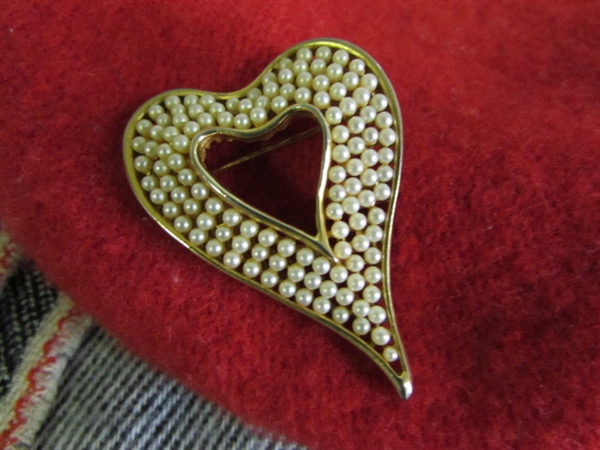 WARM, COZY & READY FOR VALENTINE'S DAY FAUX PEARL HEART BROOCH, SOFT WOOL SCARVES & RED BERET
