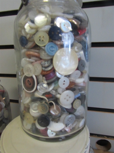 VINTAGE & WE MEAN OLD BUTTON COLLECTION IN COLLECTIBLE JARS. HUNDREDS OF DOLLARS IN BUTTONS