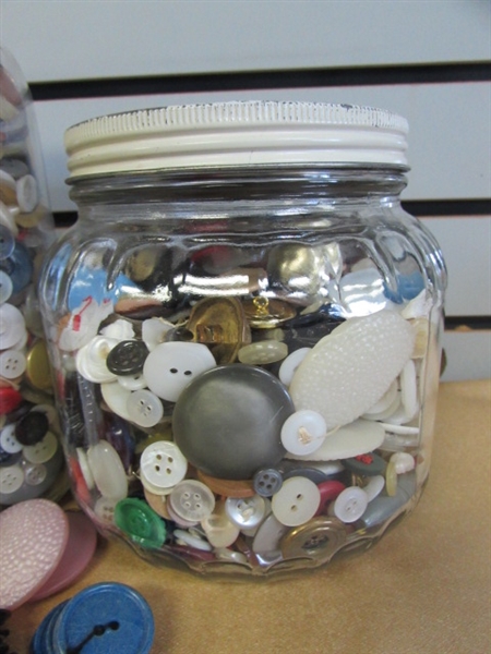 VINTAGE & WE MEAN OLD BUTTON COLLECTION IN COLLECTIBLE JARS. HUNDREDS OF DOLLARS IN BUTTONS