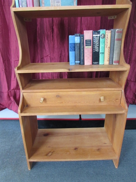CARVED WOOD SHELVING UNIT WITH DRAWER