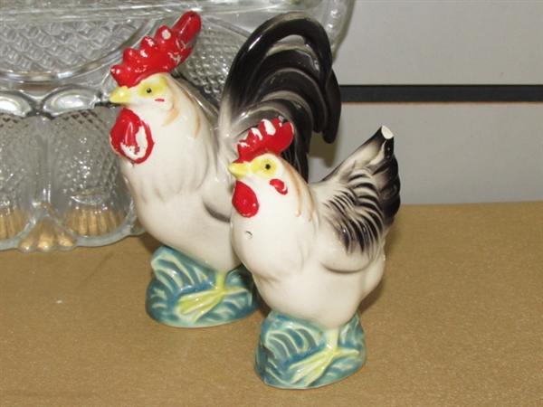 WHAT CAME FIRST? THE CHICKEN OR EGG? VINTAGE NEW DEVILED EGG RELISH PLATE, CHICKEN S&P SHAKERS & MUG
