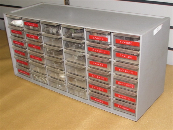 LARGE PLASTIC HARDWARE CABINET - 36 DRAWERS & LOADS OF HARDWARE, PLUS THREE PACKS COLORED NAILS & MORE