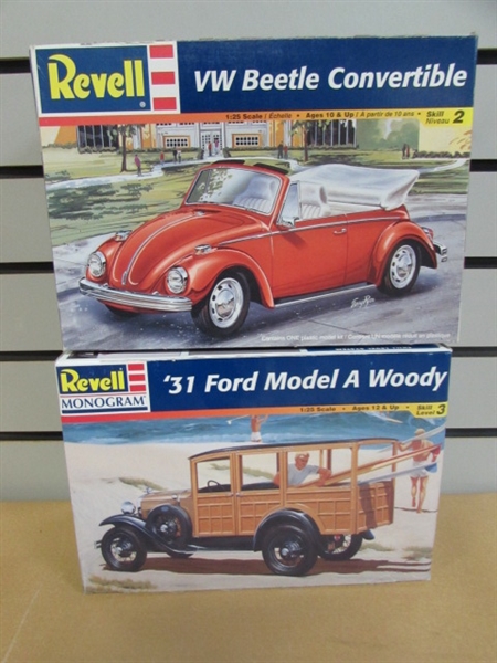 REVELL MONOGRAM 1:25 SCALE MODELS WITH ORIGINAL BOXES-VW CONVERTIBLE & MODEL A WOODY