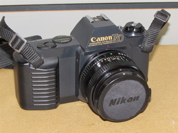NICE CANON T50 35MM CAMERA WITH 50MM 1:1.8 LENS , AMBICO SKYLIGHT LENS, SHUTTER RELEASE CABLE & MANUAL