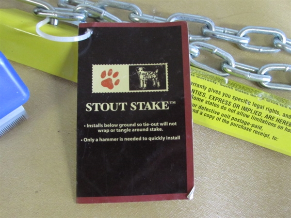 SAFE & SOUND & NICELY GROOMED-NEW STOUT STAKE DOG TIE OUT, CHAIN, BRUSH & COLLAR