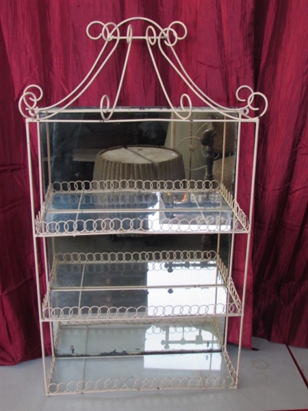 LOVELY, UNIQUE & RARE ANTIQUE SCROLLED METAL DISPLAY SHELF WITH MIRRORED BACK