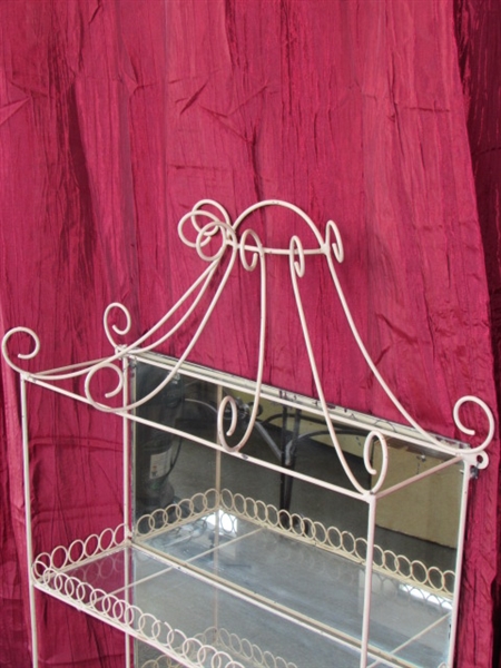 LOVELY, UNIQUE & RARE ANTIQUE SCROLLED METAL DISPLAY SHELF WITH MIRRORED BACK