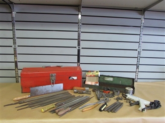 2 HANDYMAN TOOL BOXES-TAP & DIE SETS ALONG WITH LOTS OF FILES & MORE