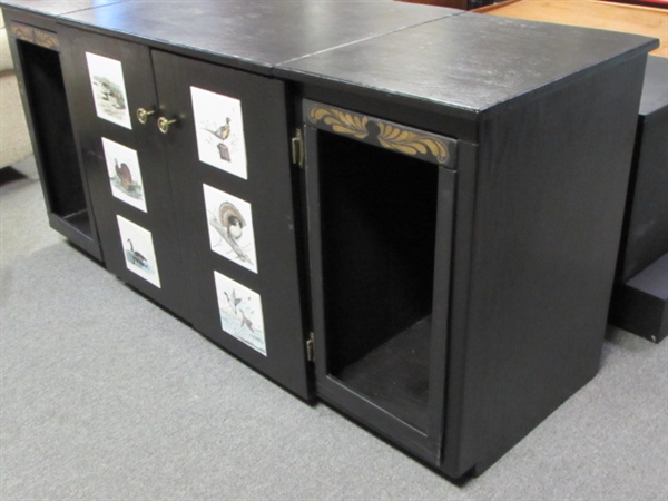 LARGE WOOD MULTI USE CABINET WITH INLAID BIRD TILES