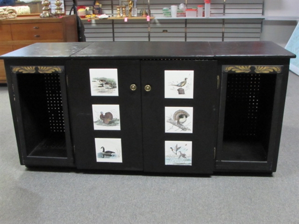 LARGE WOOD MULTI USE CABINET WITH INLAID BIRD TILES
