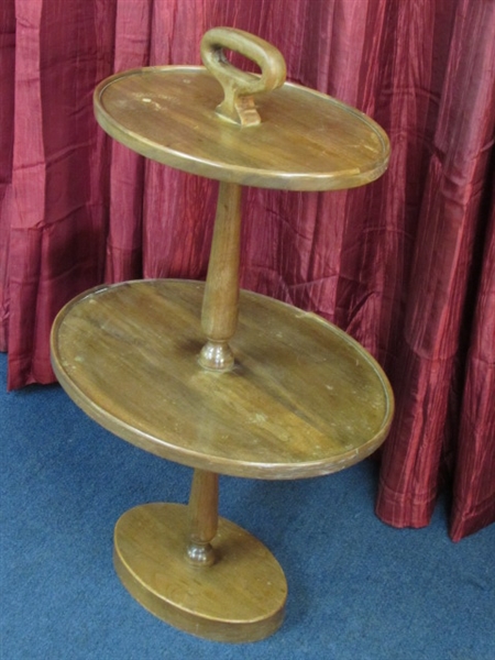 VINTAGE TWO TIER OVAL TABLE WITH HANDLE & LEAD FILLED BASE