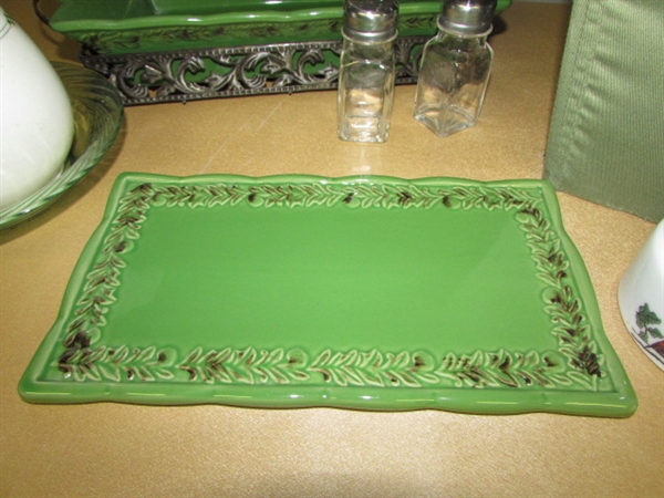 SPRING GREEN! CASSEROLE DISH IN ORNATE METAL STAND, TRIVET, TWO HANDY STORAGE BINS, PYREX BOWL & MORE