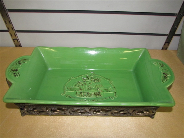 SPRING GREEN! CASSEROLE DISH IN ORNATE METAL STAND, TRIVET, TWO HANDY STORAGE BINS, PYREX BOWL & MORE