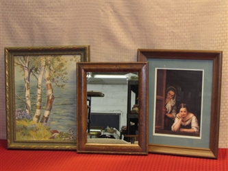 THREE LOVELY WOOD FRAMES WITH MIRROR, ORIGINAL PAINTING & PRINT