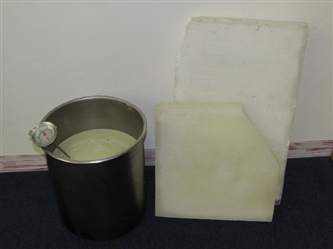 OVER 30 LBS. OF WHITE CANDLE MAKING WAX WITH LARGE STAINLESS STEEL POT & THERMOMETER