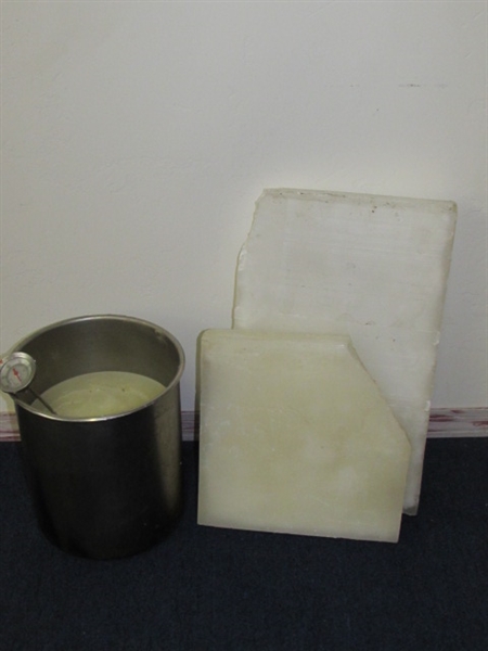 OVER 30 LBS. OF WHITE CANDLE MAKING WAX WITH LARGE STAINLESS STEEL POT & THERMOMETER