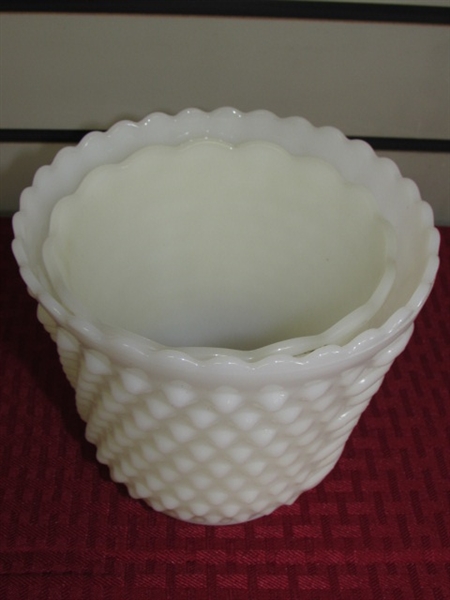 CLASSIC VINTAGE HOBNAIL MILK GLASS! THREE HURRICANE STYLE LAMPS, NESTING PLANTERS & A VASE