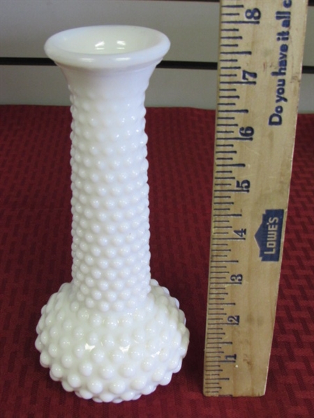CLASSIC VINTAGE HOBNAIL MILK GLASS! THREE HURRICANE STYLE LAMPS, NESTING PLANTERS & A VASE