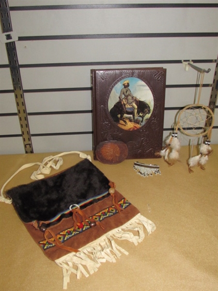 THE WILD WEST! TOOLED LEATHER BELT BUCKLE, DREAM CATCHER WIND CHIME, FRINGED BAG, BEADED CLIP & MORE