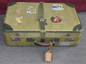 VINTAGE LEATHER TRIMMED SUITCASE WITH TONS OF CHARACTER