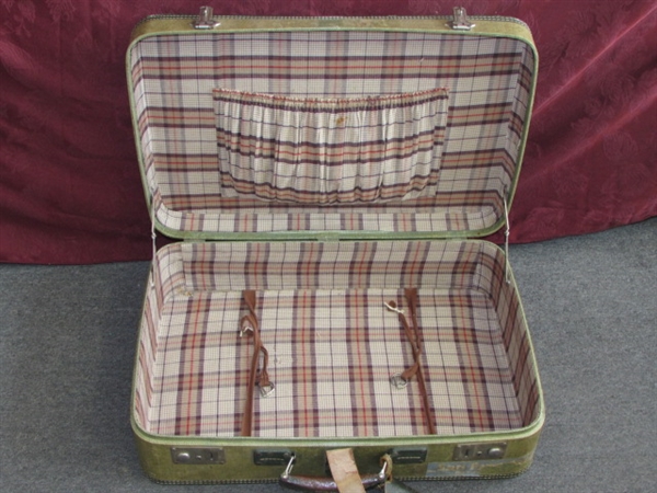 VINTAGE LEATHER TRIMMED SUITCASE WITH TONS OF CHARACTER