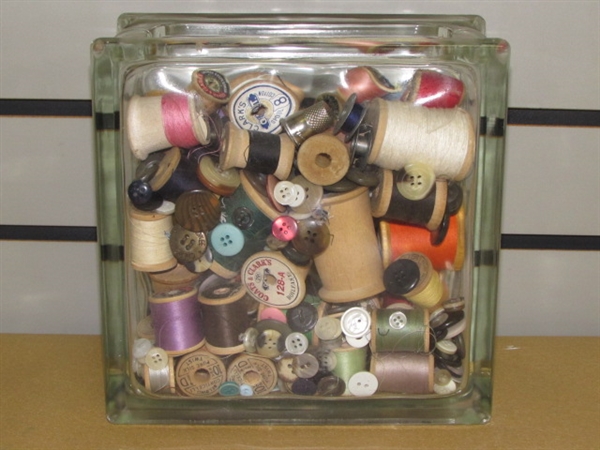 WHAT TREASURES WILL YOU FIND? PRETTY GLASS CUBE FULL OF VINTAGE BUTTONS, WOOD SPOOLS, THIMBLES . . . .