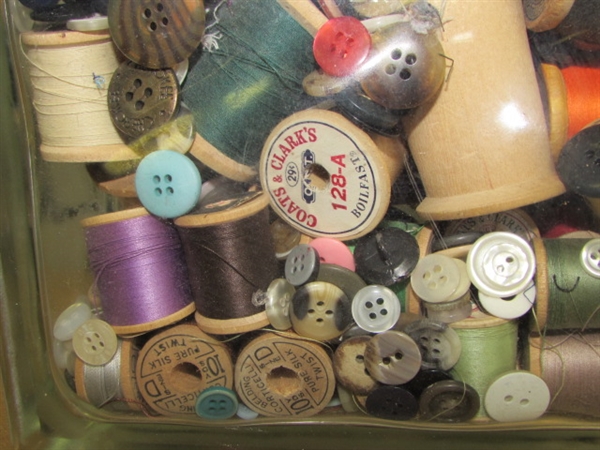 WHAT TREASURES WILL YOU FIND? PRETTY GLASS CUBE FULL OF VINTAGE BUTTONS, WOOD SPOOLS, THIMBLES . . . .