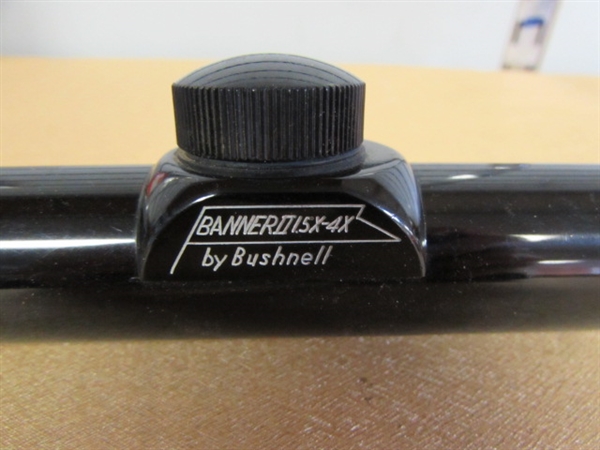 BUSHNELL BANNER II RIFLE SCOPE, DUCK CALL, 22 CAL CLEANING ROD WITH BRUSH & OVER 60 MIXED LOADS
