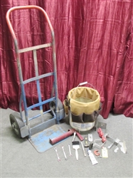 HEAVY DUTY DOLLY WITH SOLID RUBBER FIRESTONE WHEELS, CANVAS TOOL CADDY, BUCKET & TOOLS