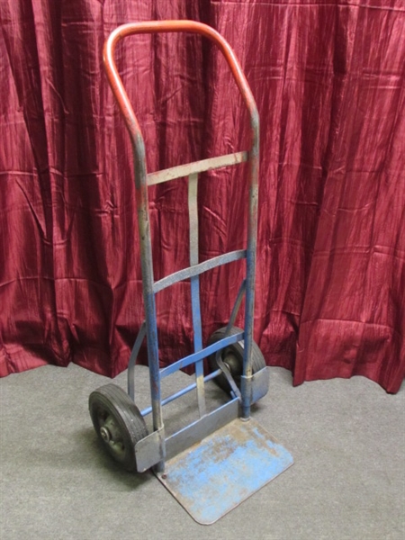 HEAVY DUTY DOLLY WITH SOLID RUBBER FIRESTONE WHEELS, CANVAS TOOL CADDY, BUCKET & TOOLS