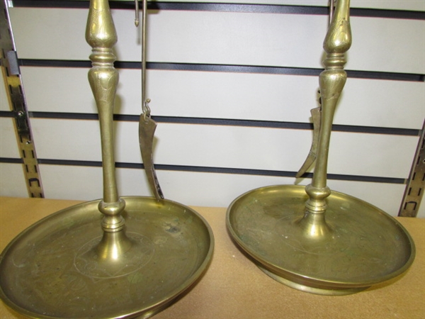 PAIR OF RARE VERY OLD BRASS CANDLESTICKS WITH CANDLE SNUFFER & REFLECTORS