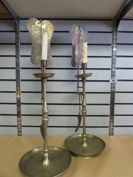 PAIR OF RARE VERY OLD BRASS CANDLESTICKS WITH CANDLE SNUFFER & REFLECTORS